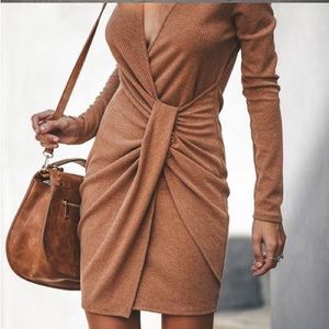Vici Gabriella Ribbed Twist Dress- Camel